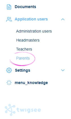 Parents are located in the navigation in the Application Users section
