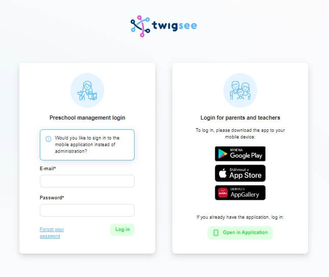 Twigsee first access to Twigsee administration