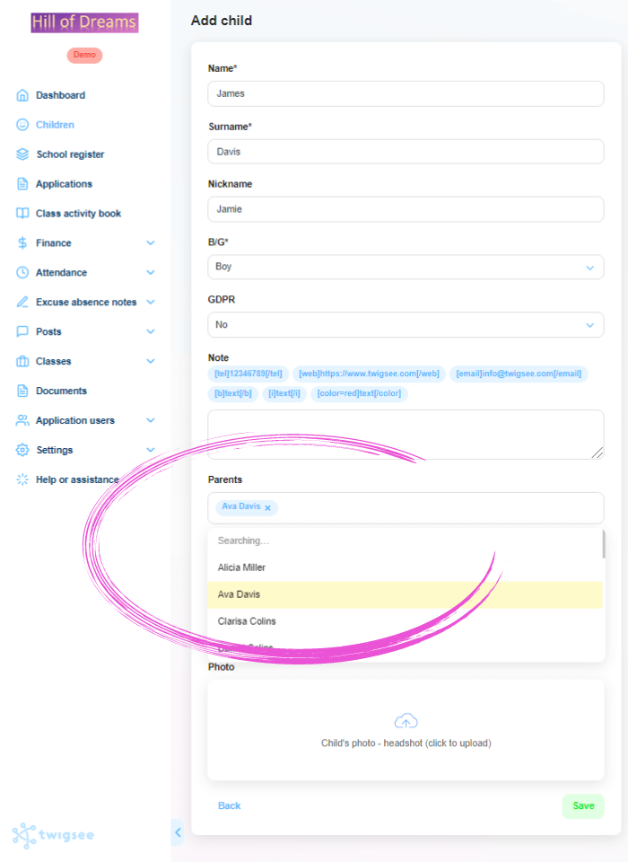 Twigsee assign a specific parent by clicking on their name in the menu