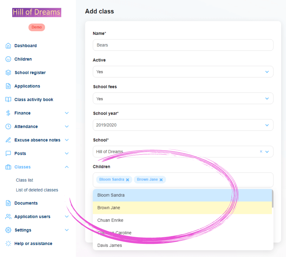 Twigsee to assign children to a newly created class, click on a name in the menu