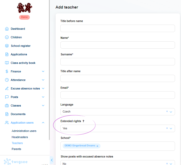 Twigsee where to find Extended Rights when adding a Teacher Profile
