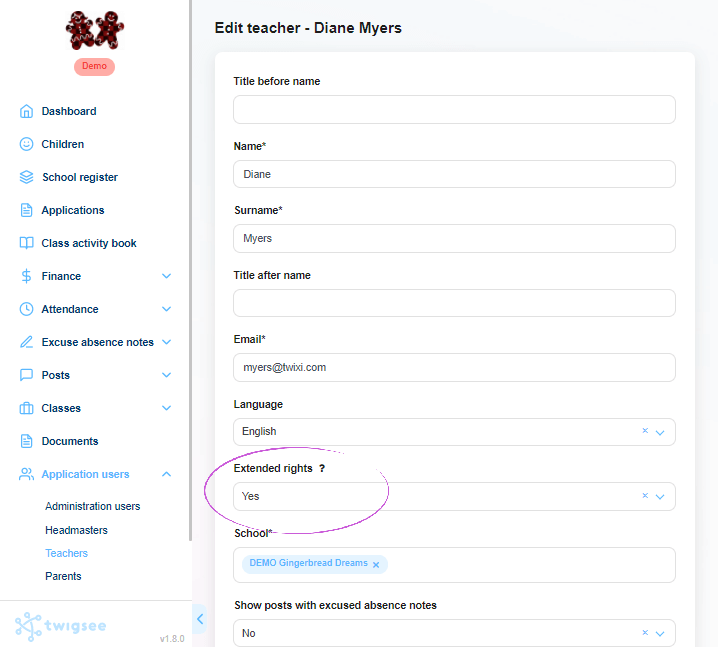 Twigsee where to find Extended Rights when editing a teacher profile