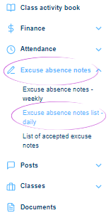 Twigsee daily (excuse slips) are located in the navigation in the Excuse slips section