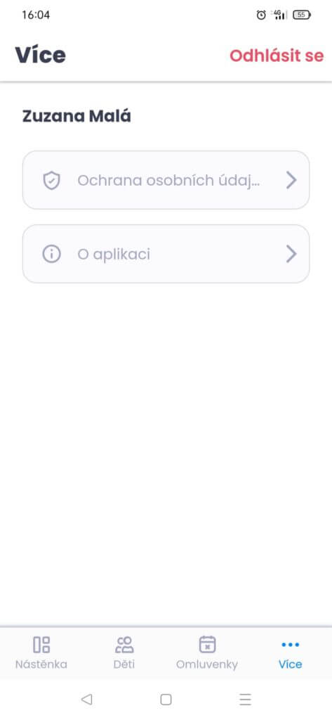 Twigsee pokud kliknete na ikonu tří teček objeví se vám záložka GDPR, informace o naší aplikaci a kolonka pro odhlášení