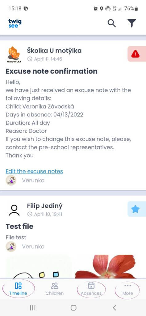 Twigsee Screenshot einer Entschuldigung in der Web-App
