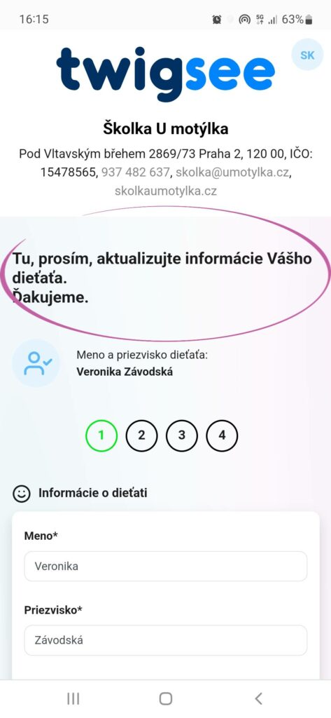 Twigsee zasiela rodičom formulár na aktualizáciu informácií o ich dieťati