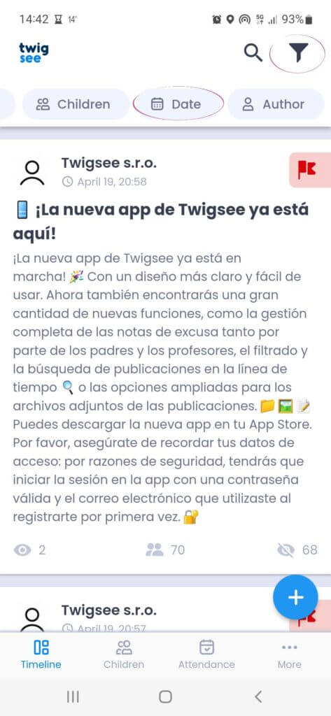 Twigsee in the app you can filter the date, the author of the post or a specific child