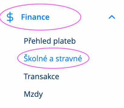 Twigsee V hlavním levém menu pod záložkou Finance vyberte sekci Školkovné a stravné. 
