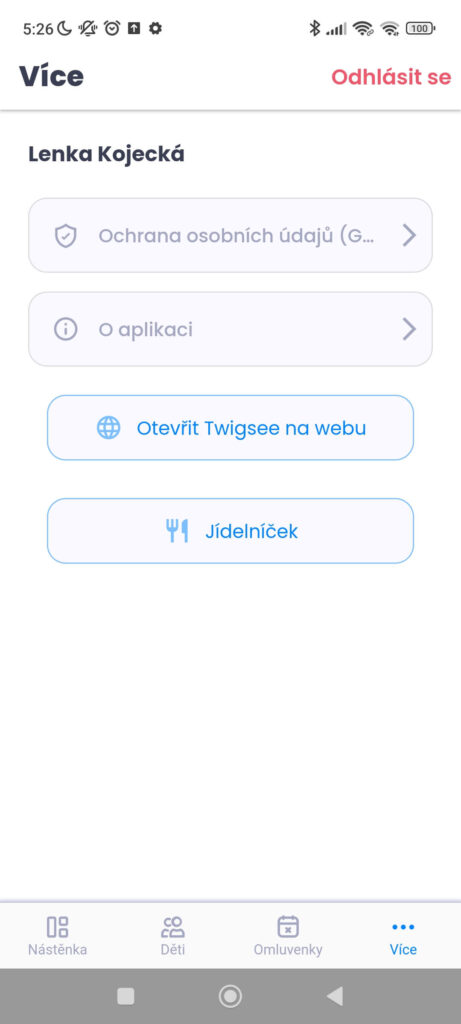 Twigsee objeví se vám záložky GDPR, Informace O aplikaci, Otevřít aplikaci Twigsee na webu, jídelníček.