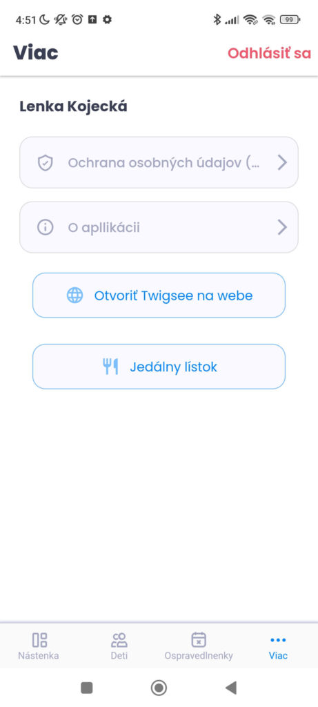 Twigsee Ak na ňu kliknete, objavia sa vám záložky GDPR, informácie o aplikácii, otvoriť aplikáciu Twigsee na webe, Jedálniček.