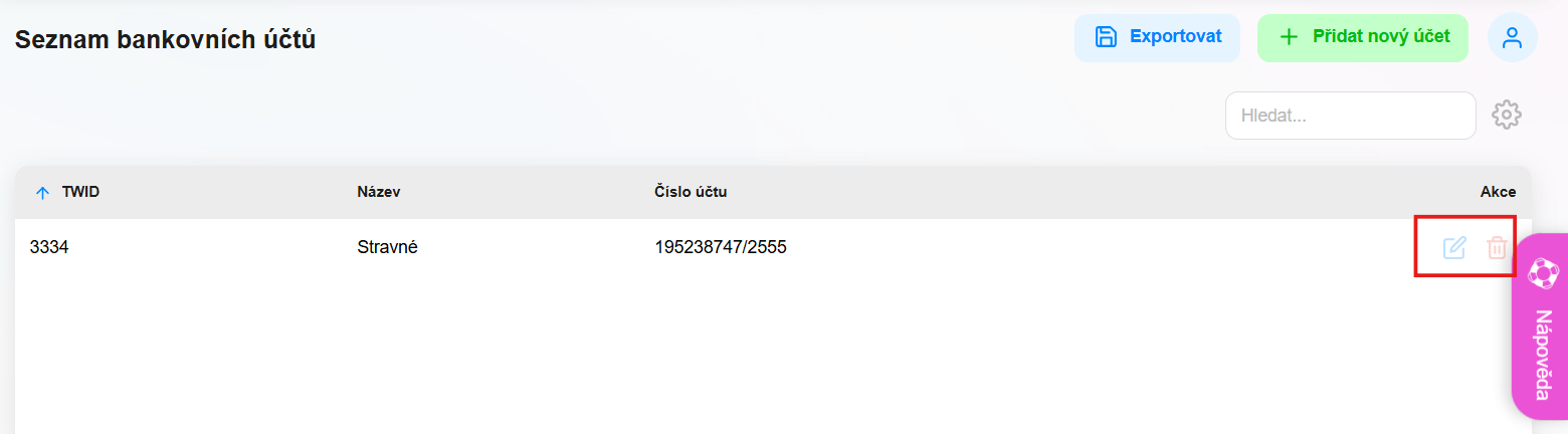 Bankovní účet - Upravit