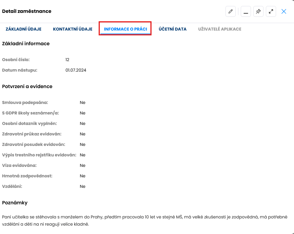 Detail zaměstnance - Informace o práci